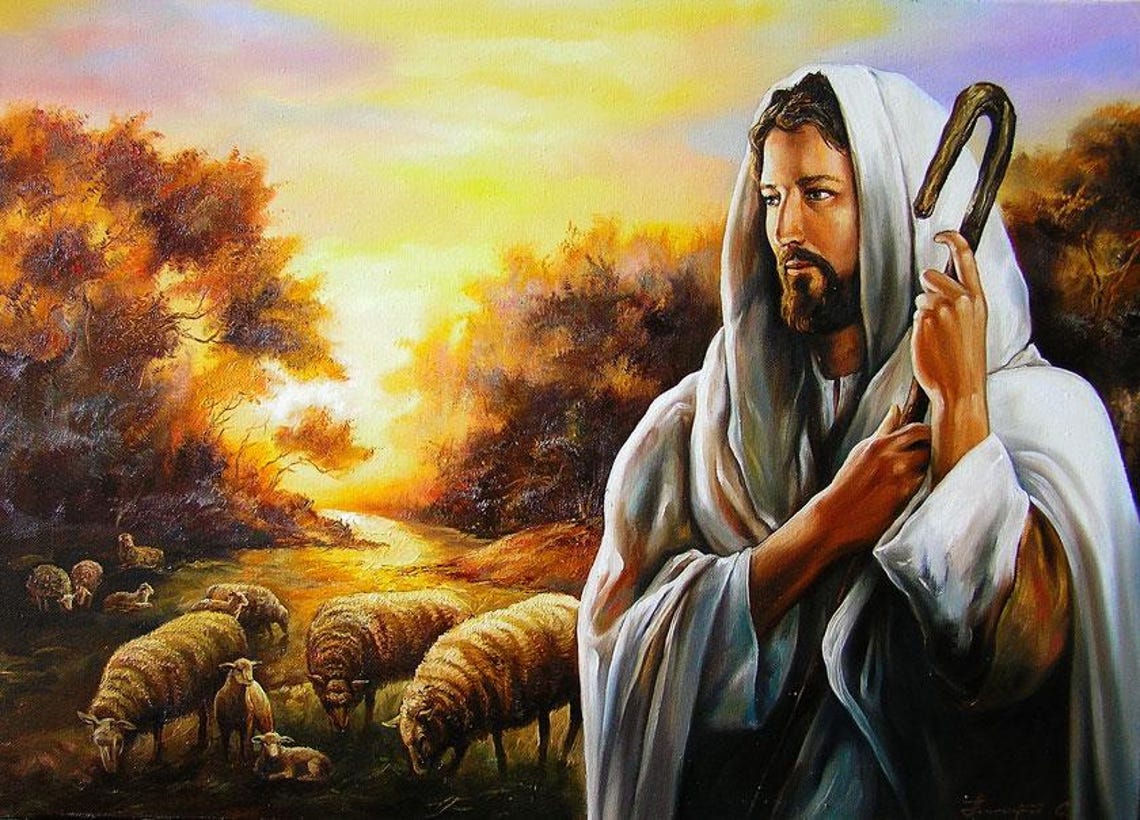 Jesus Good Shepherd Sheep Sunset Meadow Biblical Scene Faith Poster