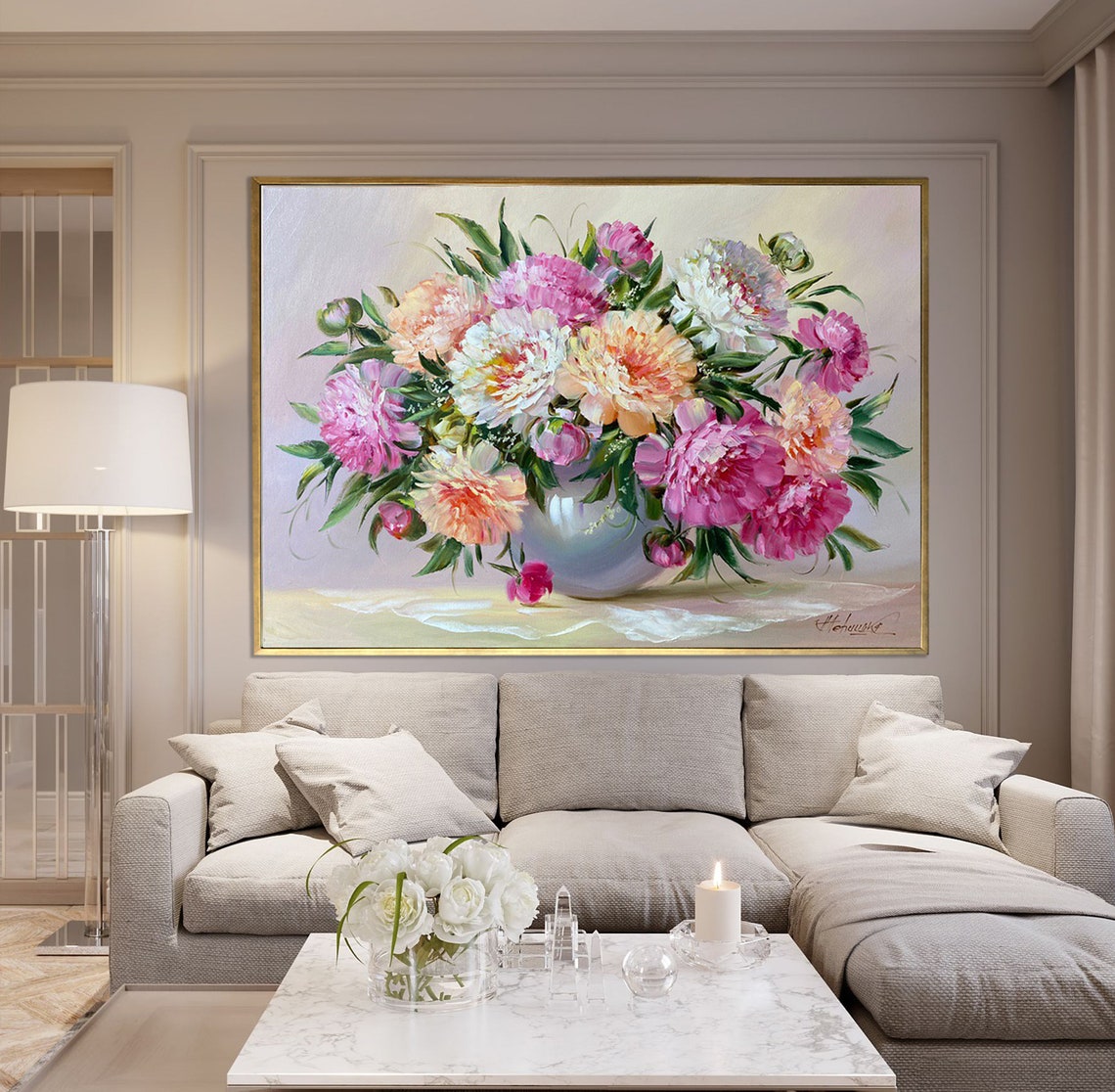 Large Peonies Oil Painting Original Peony Wall Art Pink Floral Room Decor Above Bed Art Large Floral Oil Painting Pink Peony Painting - Image 3