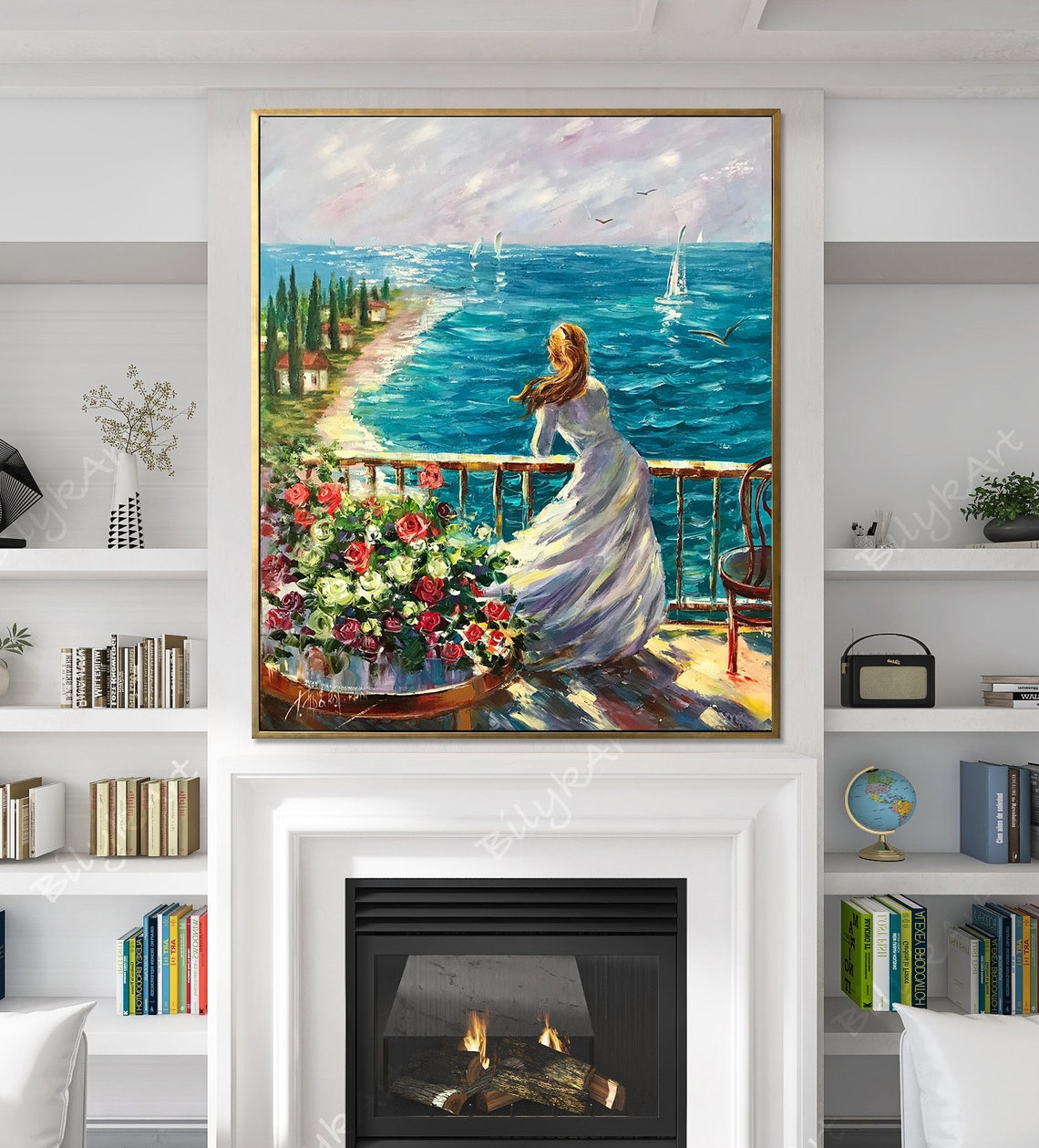 Woman By The Sea Oil Painting Dreaming Girl At Beach Art Scenery Art Gift For Her Birthday Italian Scene Artwork Blue Teal Wall Decor - Image 3
