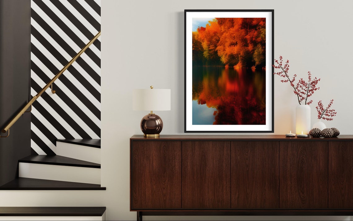 Autumn Lake Reflection Landscape Poster with Fiery Orange Trees - Image 3
