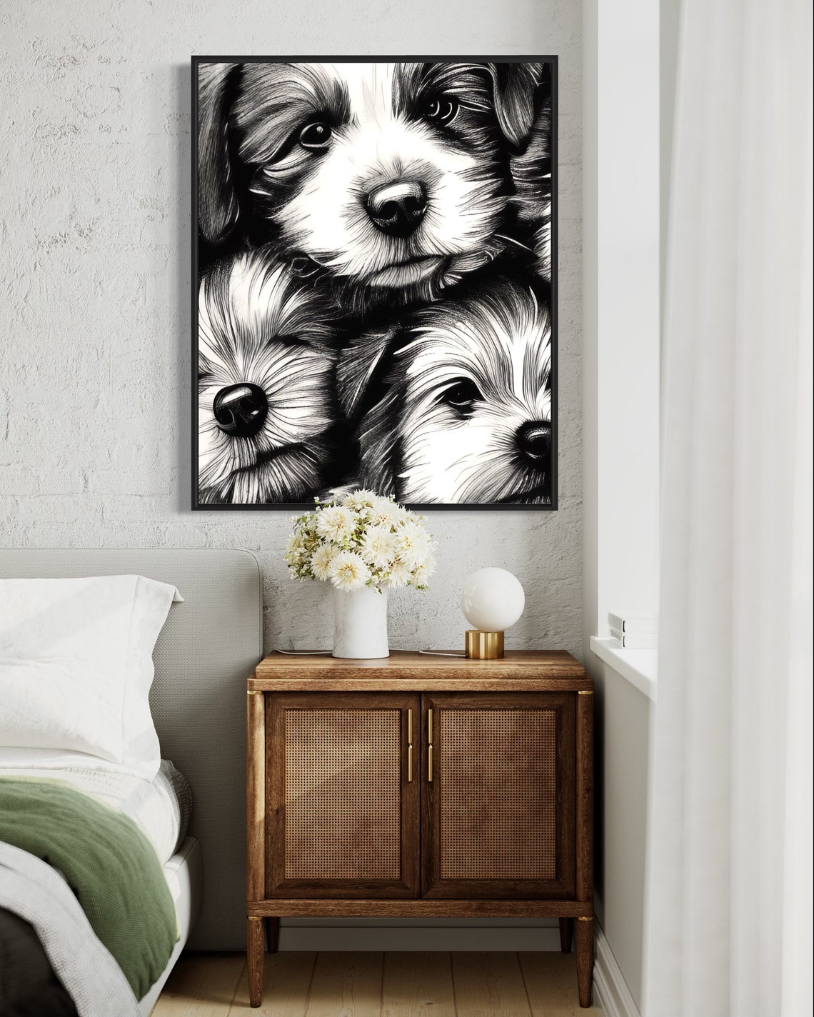 Three Cute Puppies Black and White Sketch Art Poster for Dog Lovers - Image 2