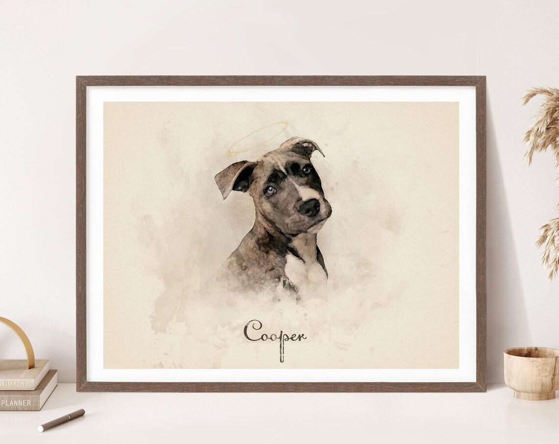 Custom Pit Bull Watercolor Memorial Portrait With Halo and Name Poster