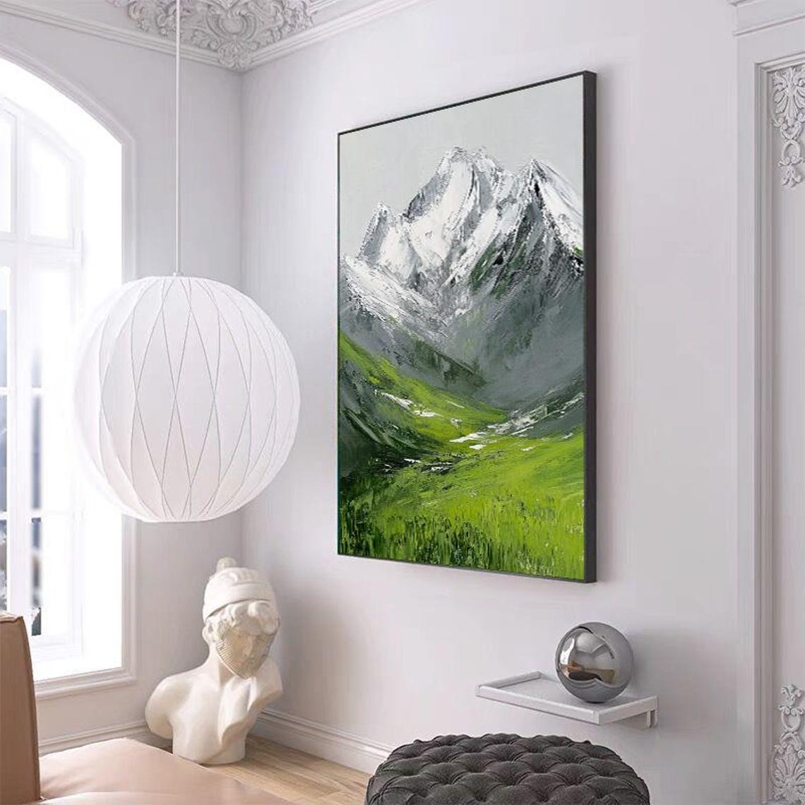 Snow Capped Mountain Peak Rising Over a Green Meadow Valley Poster - Image 3
