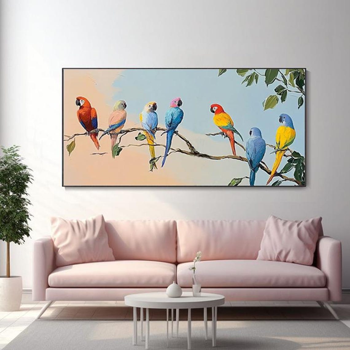 Eight Rainbow Parrots Perched on Leafy Branches Panoramic Poster - Image 2