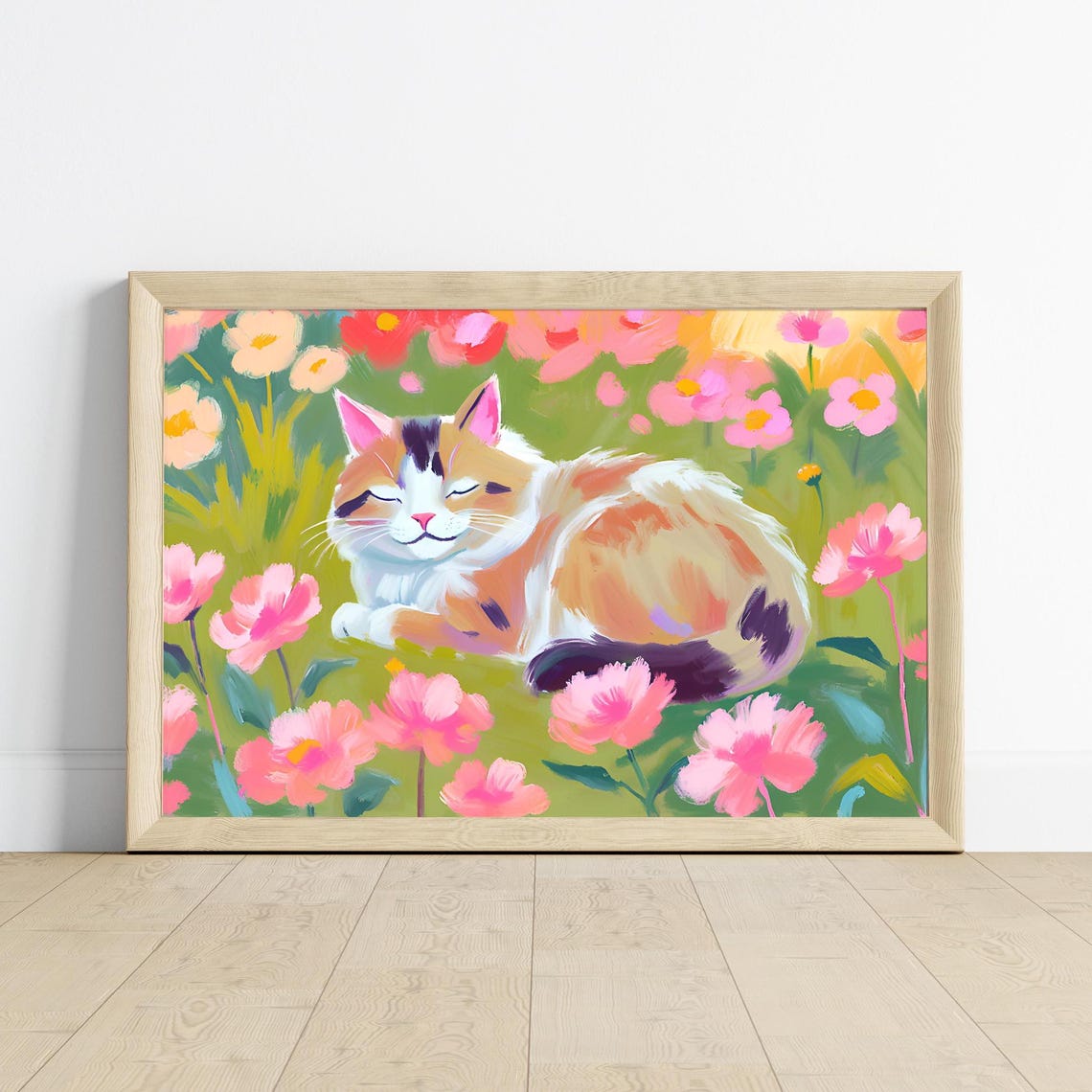 Sleeping Tabby Poster, Floral Field Cat Lover Gift