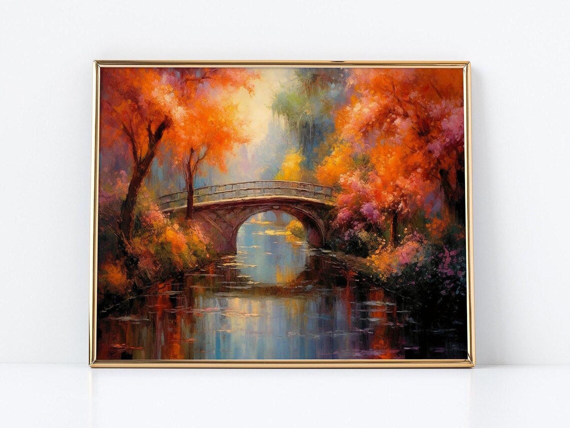 Autumn Bridge Reflection, Romantic Landscape Art Print