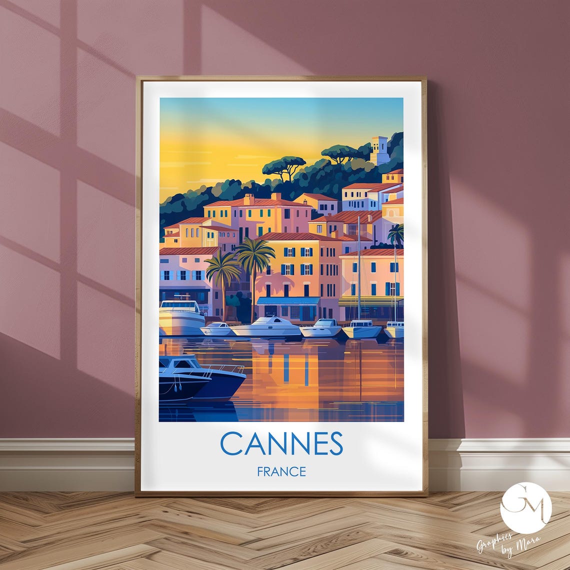 Cannes Waterfront Sunset Reflection French Riviera Travel Poster