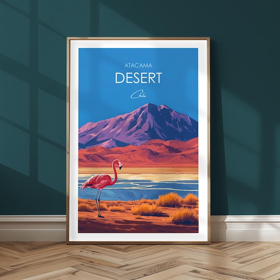Atacama Desert Chile Flamingo Salt Lake Mountains Travel Poster