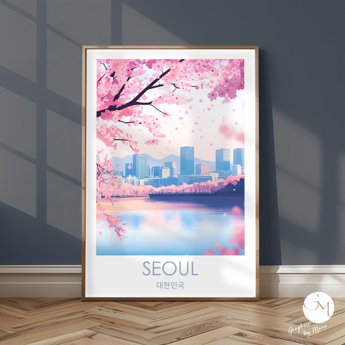 Seoul South Korea Cherry Blossom City Skyline Over Lake Poster