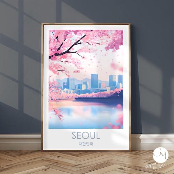 Seoul South Korea Cherry Blossom City Skyline Over Lake Poster