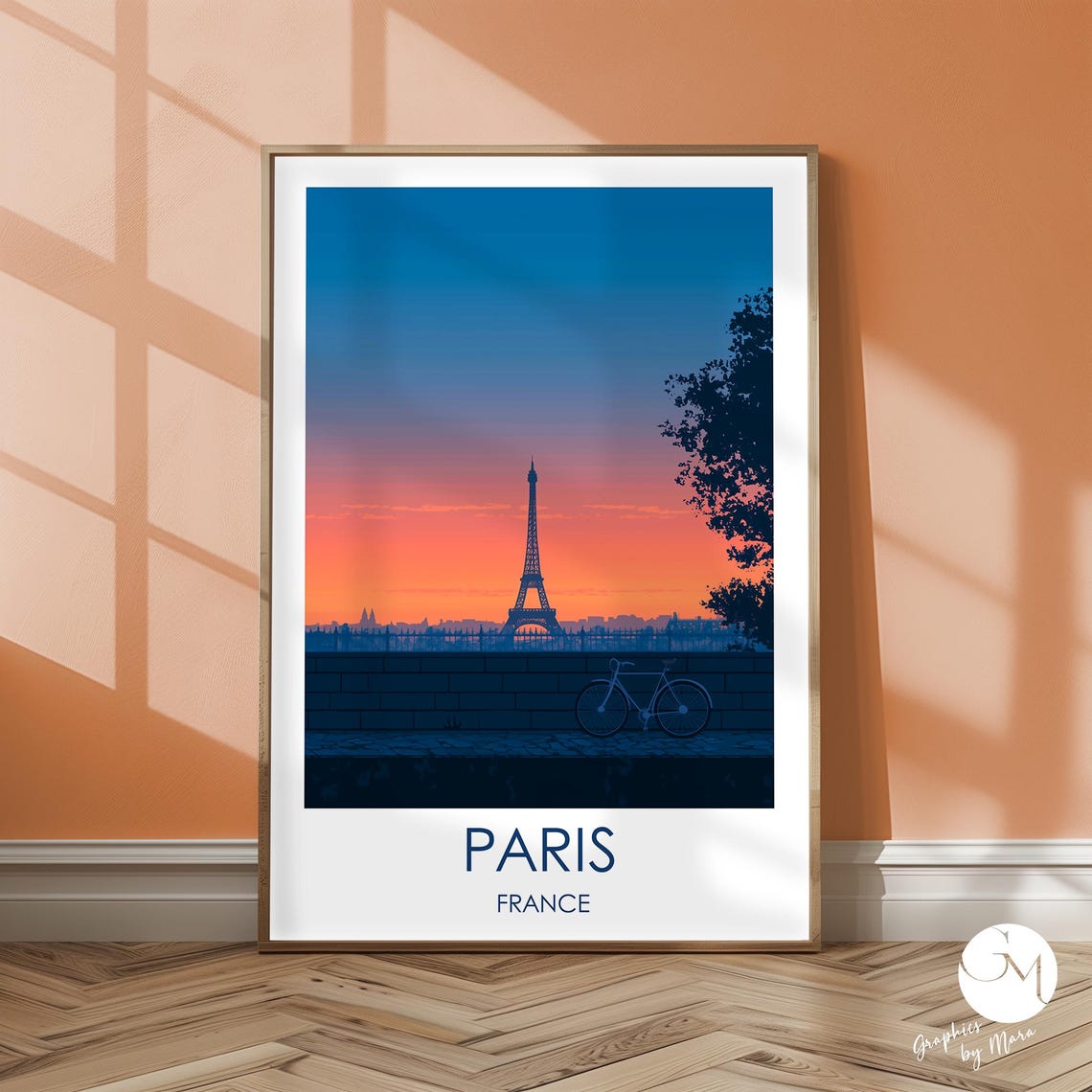 Paris France Eiffel Tower Pink Sky Bicycle Travel Poster Art