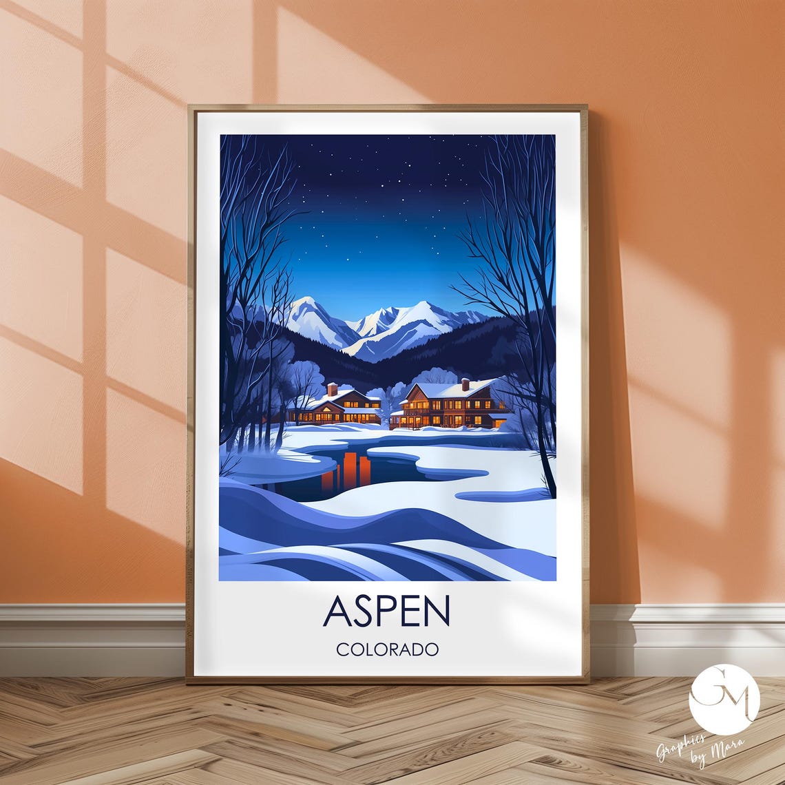 Aspen Colorado Winter Night Snowy Lodge Mountain Lake Travel Poster
