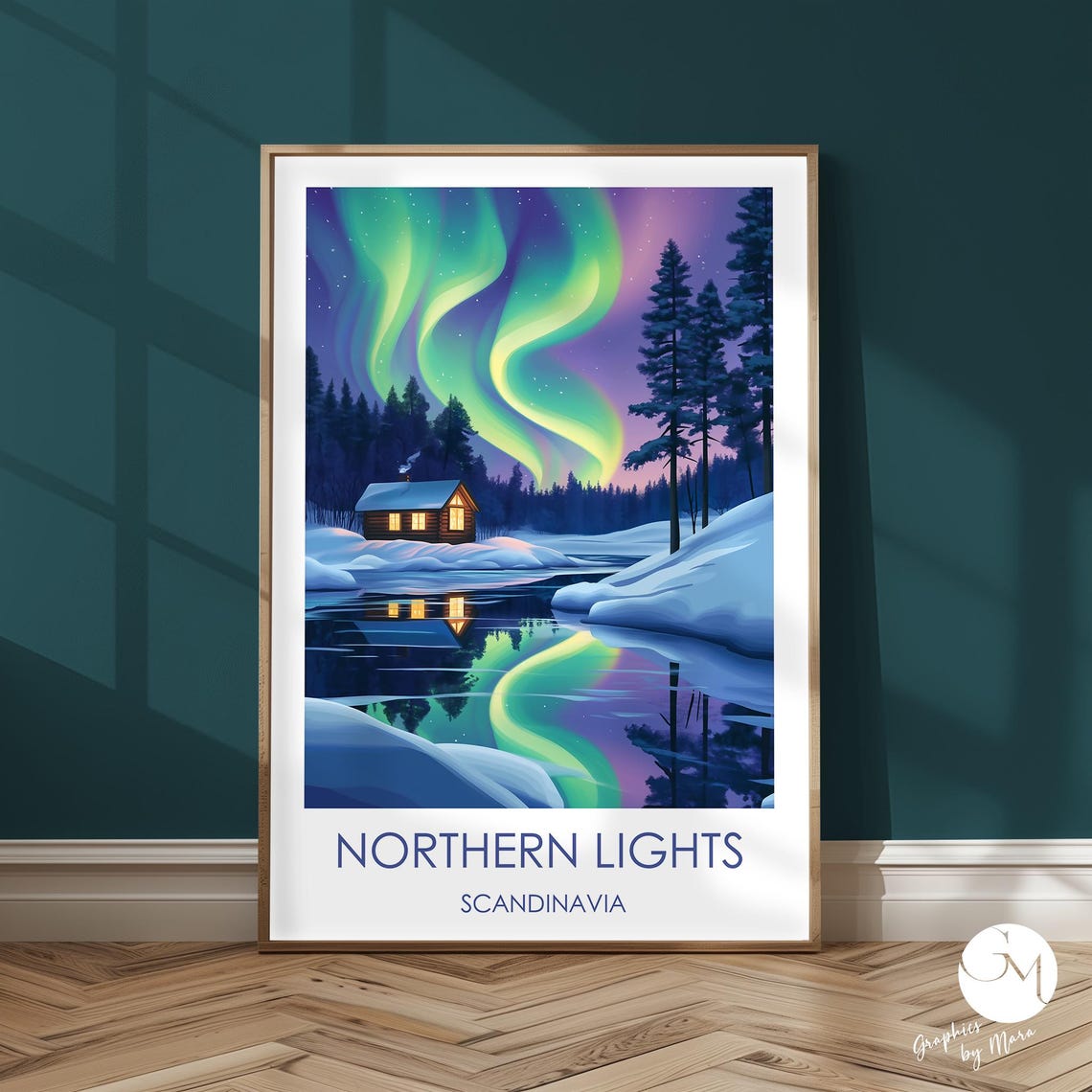 Northern Lights Over Snowy Scandinavia Cabin Lake Reflection Poster