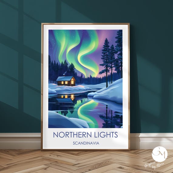 Northern Lights Poster Scandinavia Aurora Borealis Winter Landscape Polar Art Magical Light Show