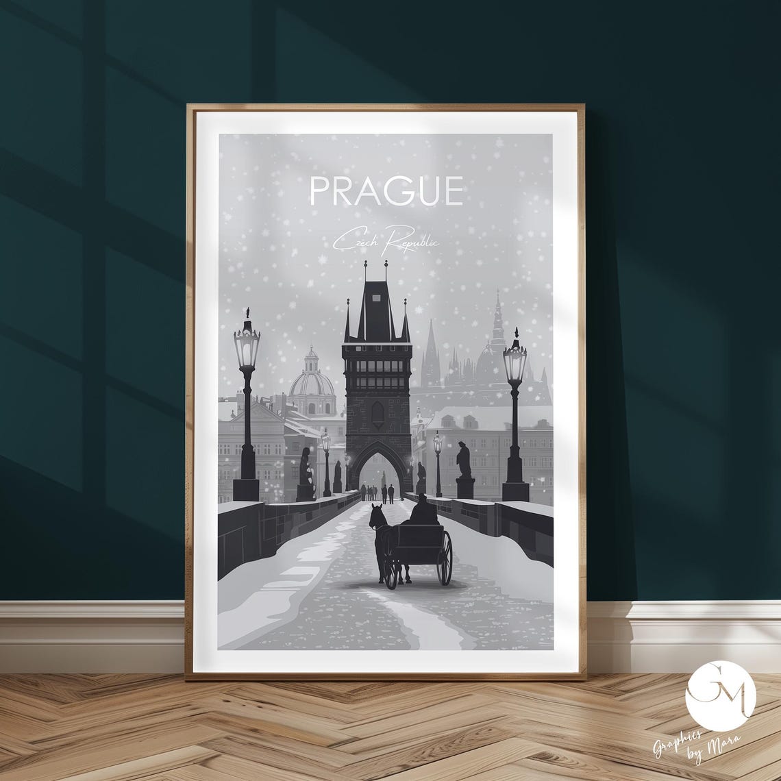 Snowy Prague Charles Bridge Carriage Scene Winter Travel Poster