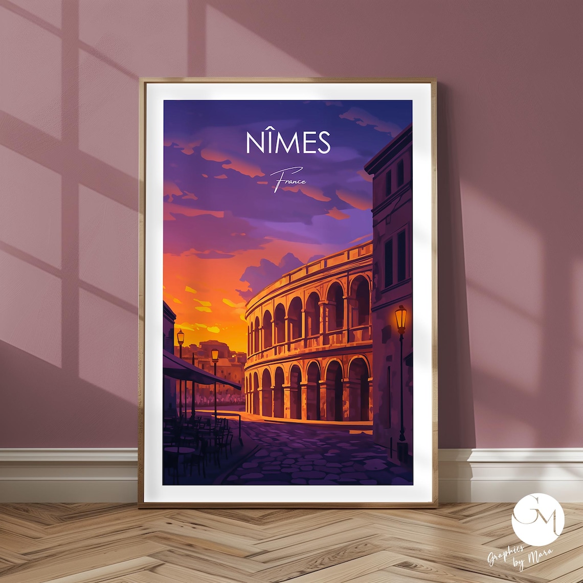 Nimes France Roman Arena Sunset Street Scene Travel Poster at Dusk