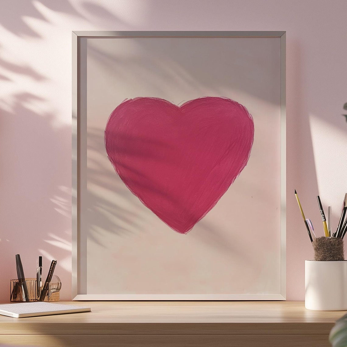 Girly Pink Crayon Heart Hand Drawn Retro Dorm Wall Art Decor Aesthetic