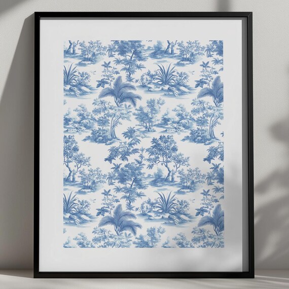 Blue Toile Du Jouy Print Chinoiserie Plants Wall Art Classic Exotic Retro Tropical Decor Simple Floral Aesthetic Poster