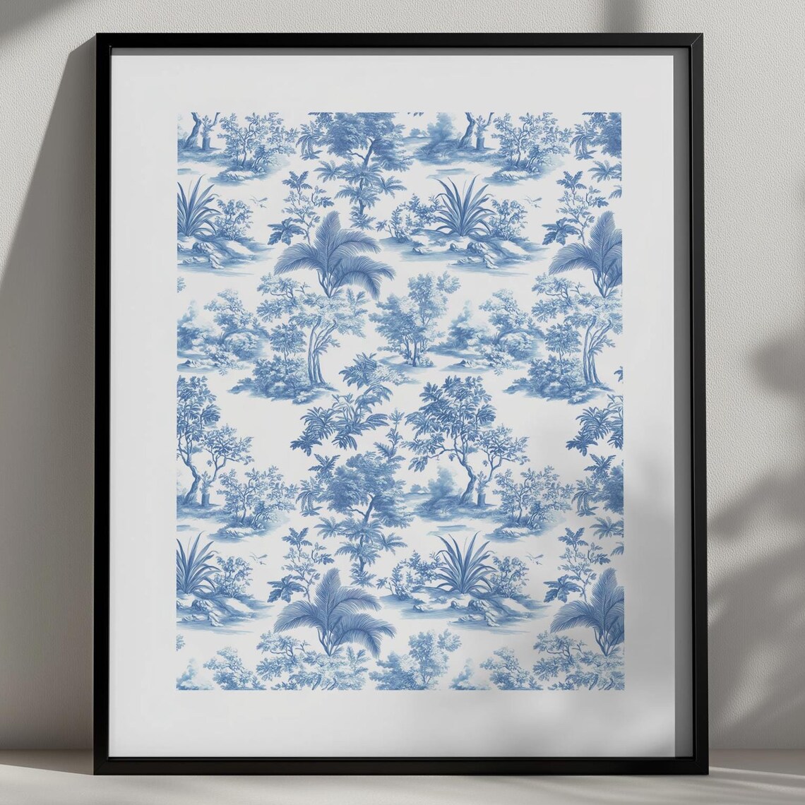 Blue Toile De Jouy Tropical Landscape Poster Palm Tree Botanical Art
