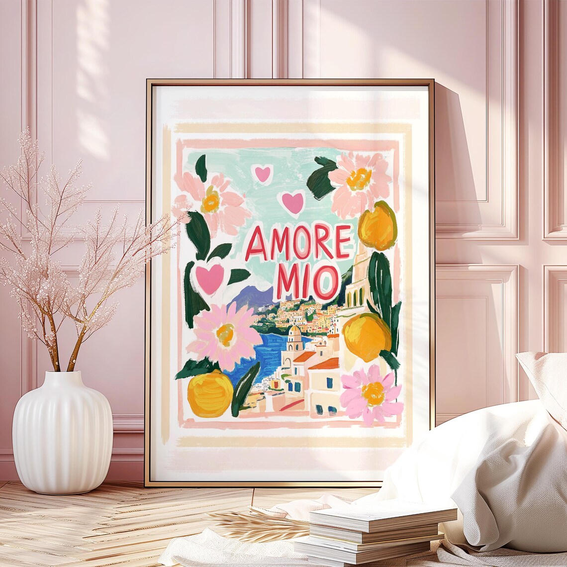 Amore Mio Positano Lemons Pink Floral Italian Painted Poster