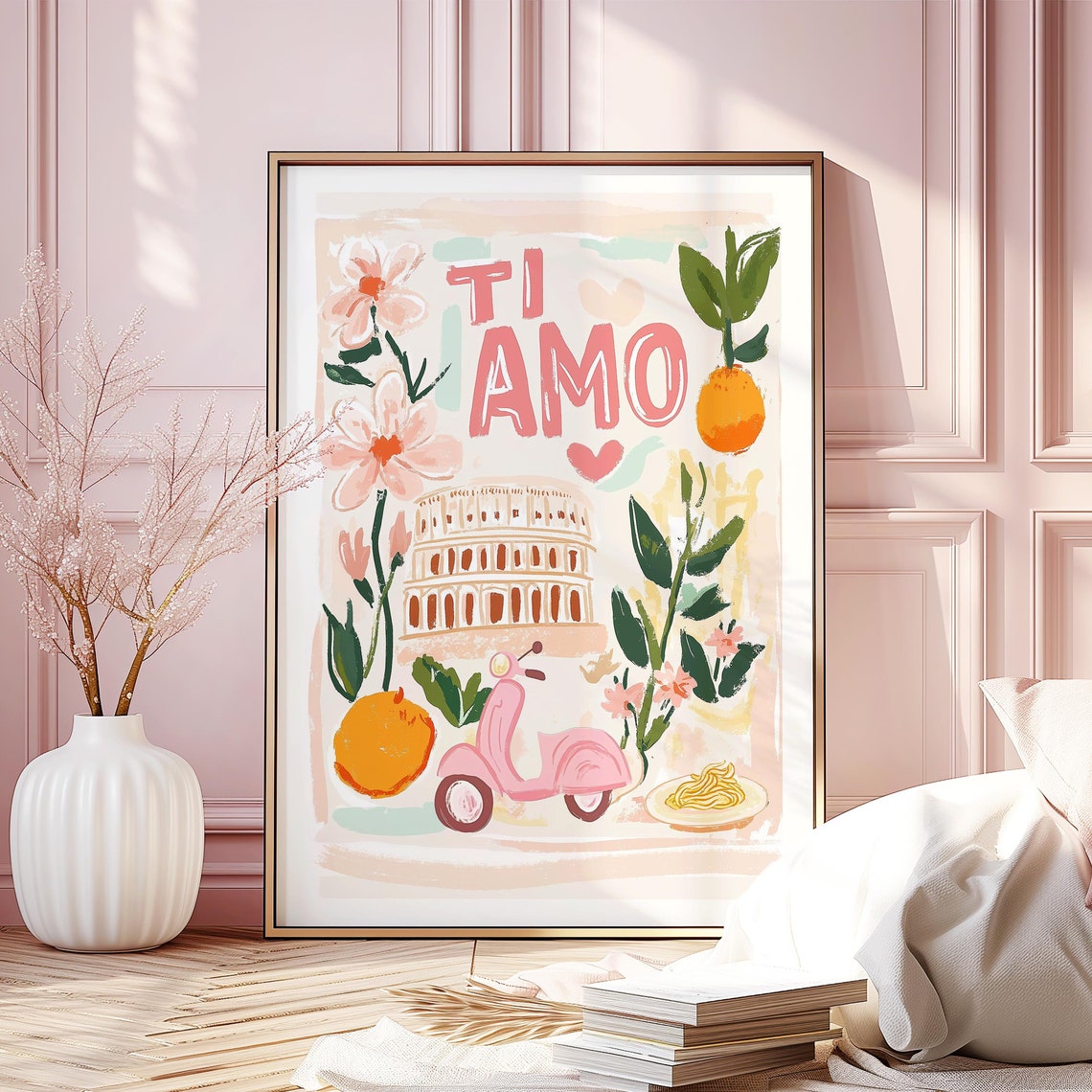 Ti Amo Rome Italy Colosseum Pink Vespa Citrus Flowers Art Poster
