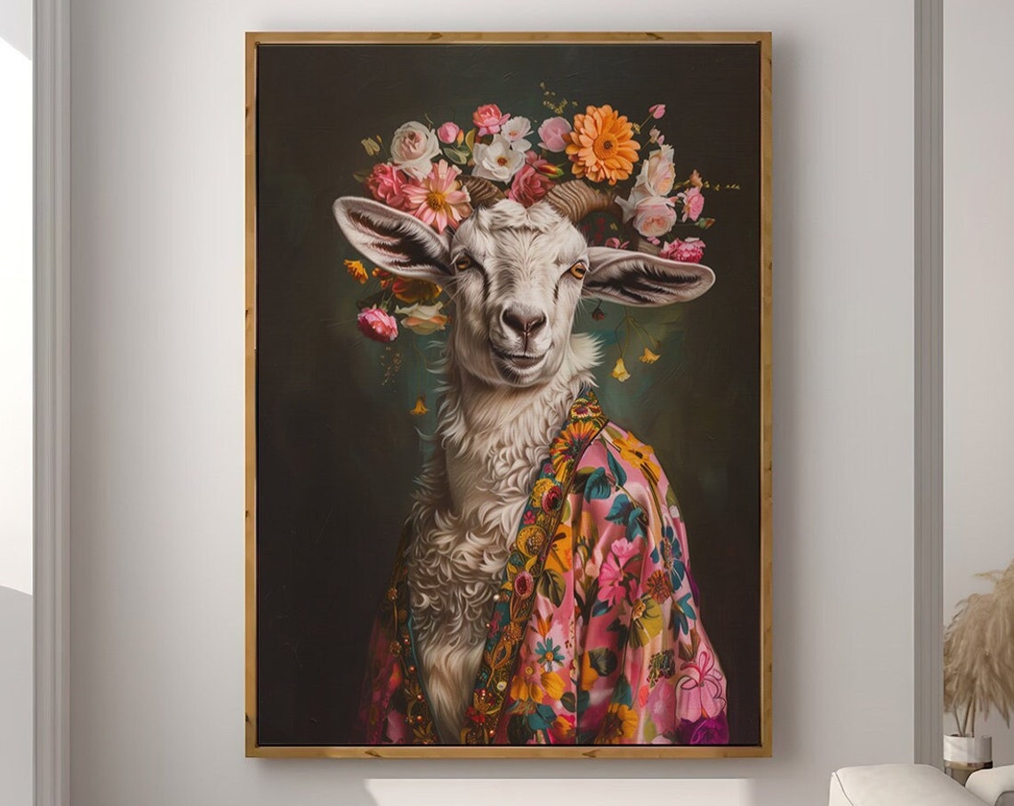Goat in Flower Crown and Pink Floral Robe Maximalist Art Print