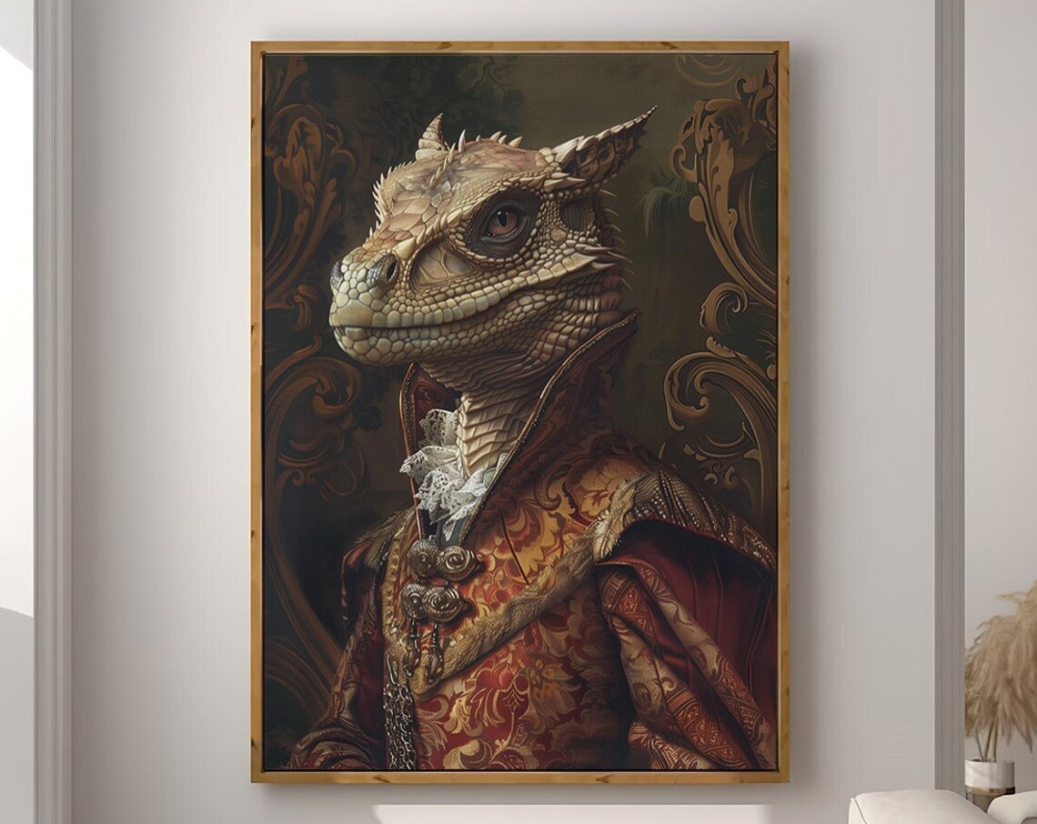 Dragon Portrait in Red Brocade Court Coat with Lace Ruff Fantasy Poster