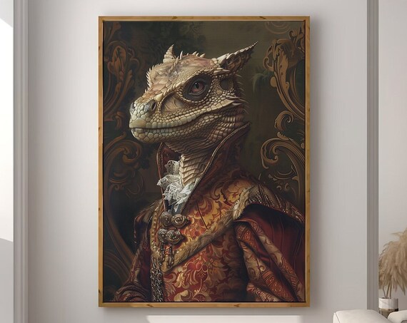 Dragon Portrait in Red Brocade Court Coat with Lace Ruff Fantasy Poster