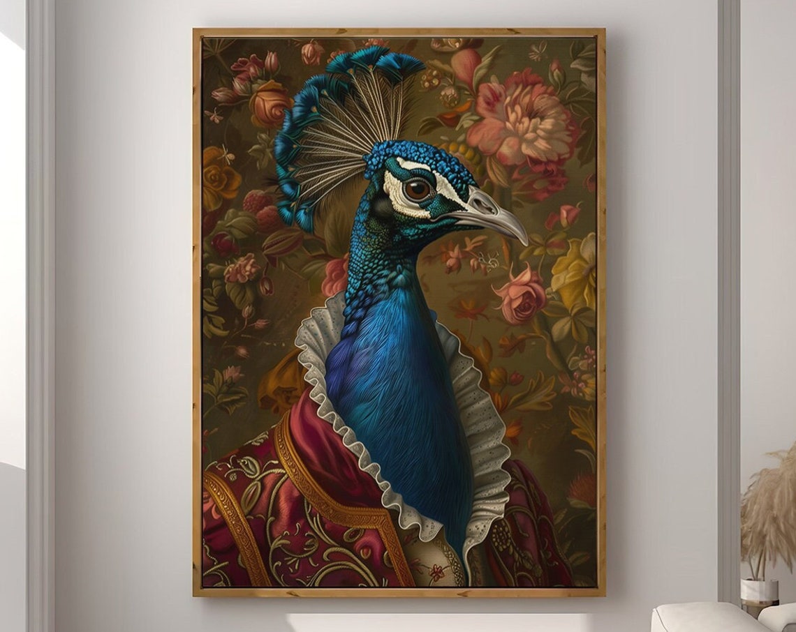 Peacock Royal Renaissance Portrait Red Brocade Coat Bird Wall Art