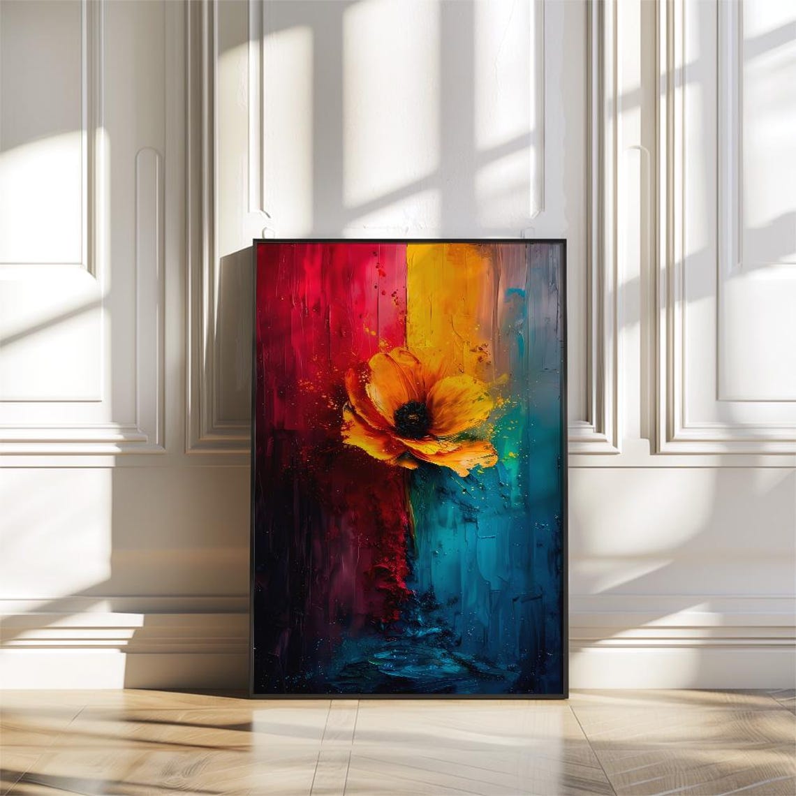 Single Orange Poppy on Abstract Red Teal Canvas Floral Poster - Image 2
