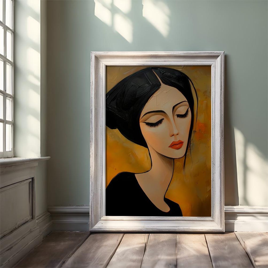 Woman's Portrait With Closed Eyes on Amber Background Art Poster - Image 2
