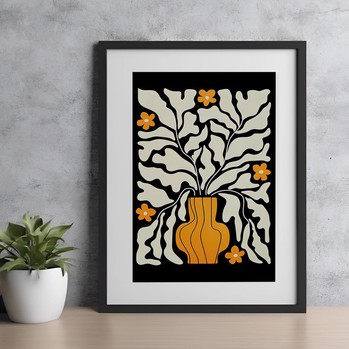 Minimalist Orange Vase with Abstract Botanical Leaves Art Poster - Image 3