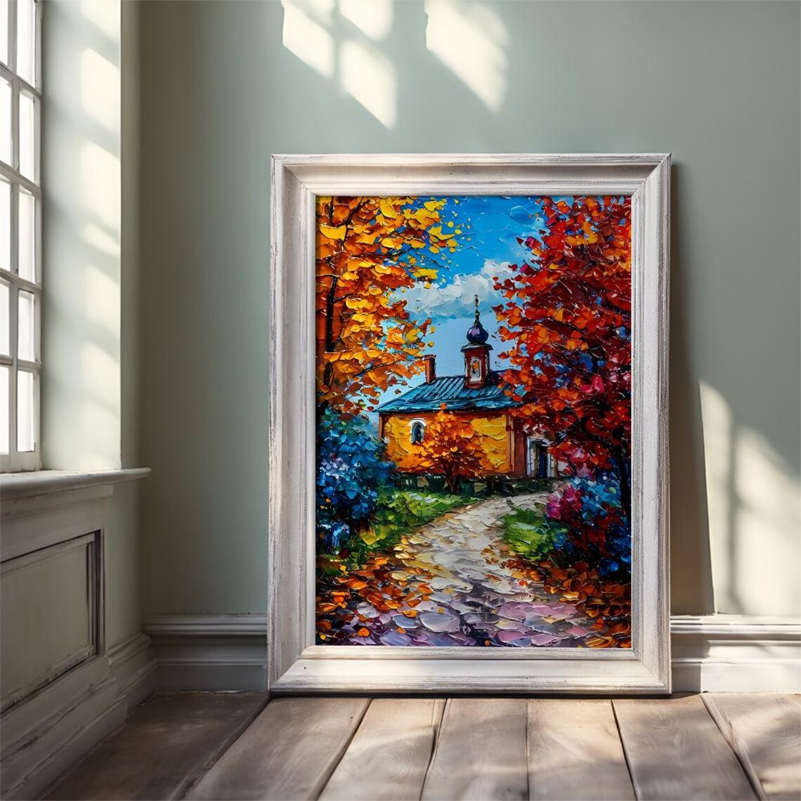 Autumn Cottage with Church Dome among Fiery Trees Art Poster - Image 3