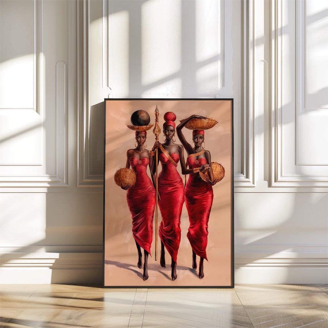 Three African Women in Red Dresses Carrying Baskets Art Poster - Image 2