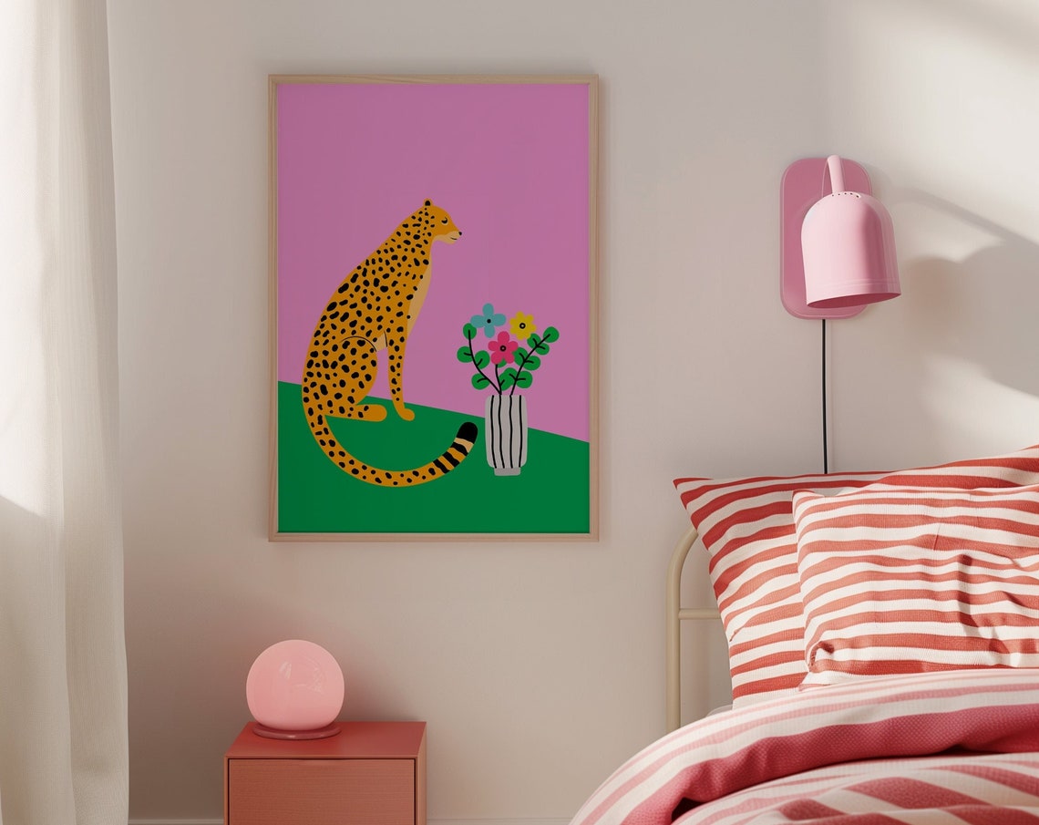Cheetah Sitting with Flower Vase Pink Green Illustration Poster