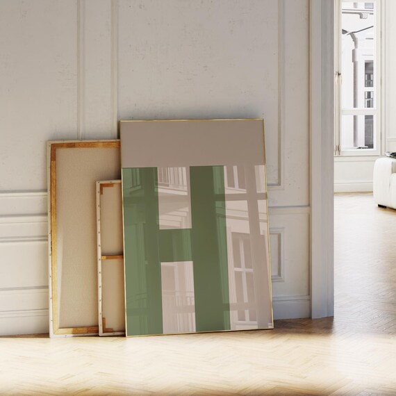 Green Letter H Print Beige Minimalist Wall Art