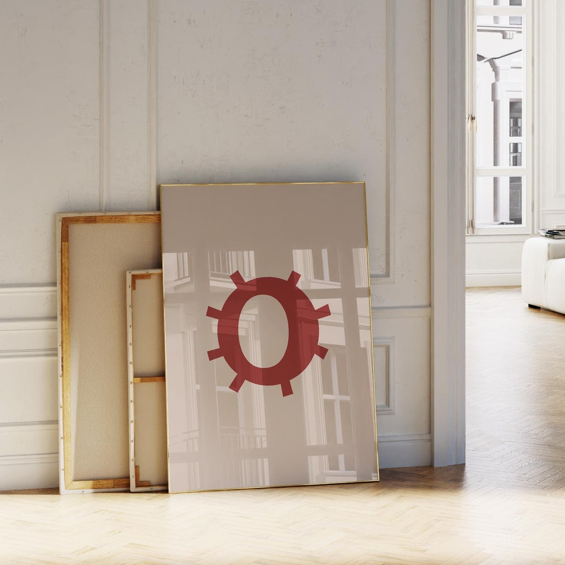 Red Letter O Sun Abstract Initial Art Poster Beige Minimalist Decor