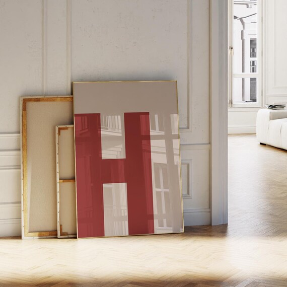 Giant Red Letter H Initial Monogram Beige Minimalist Decor Poster