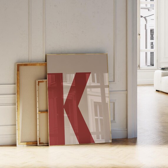 Bold Red Letter K Monogram Beige Background Minimal Initial Art Poster