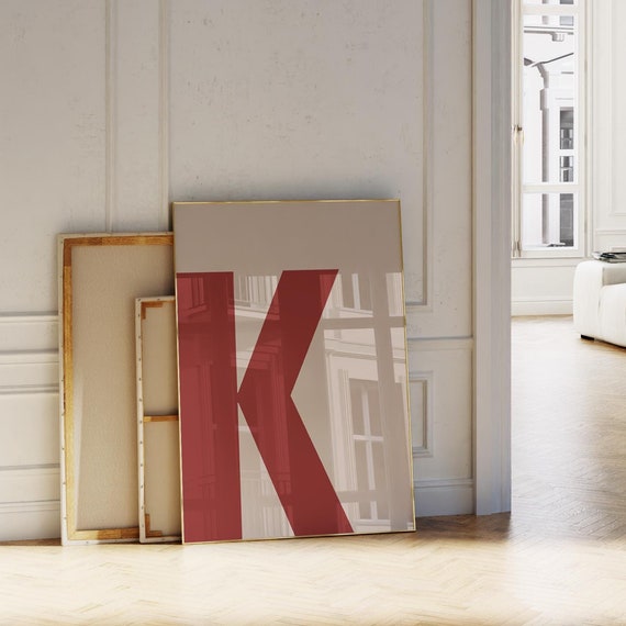 Letter K Print Redbeige Initial Wall Art Bold Alphabet Poster For Nurserykidsdormcollegeofficebedroomliving Room
