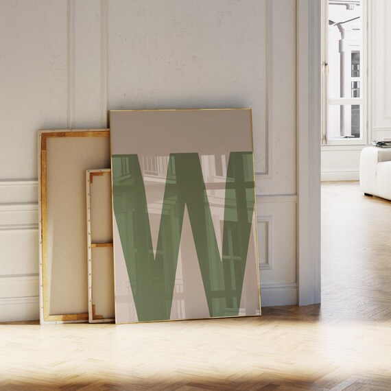 Oversized Sage Green Letter W Monogram Beige Modern Wall Art