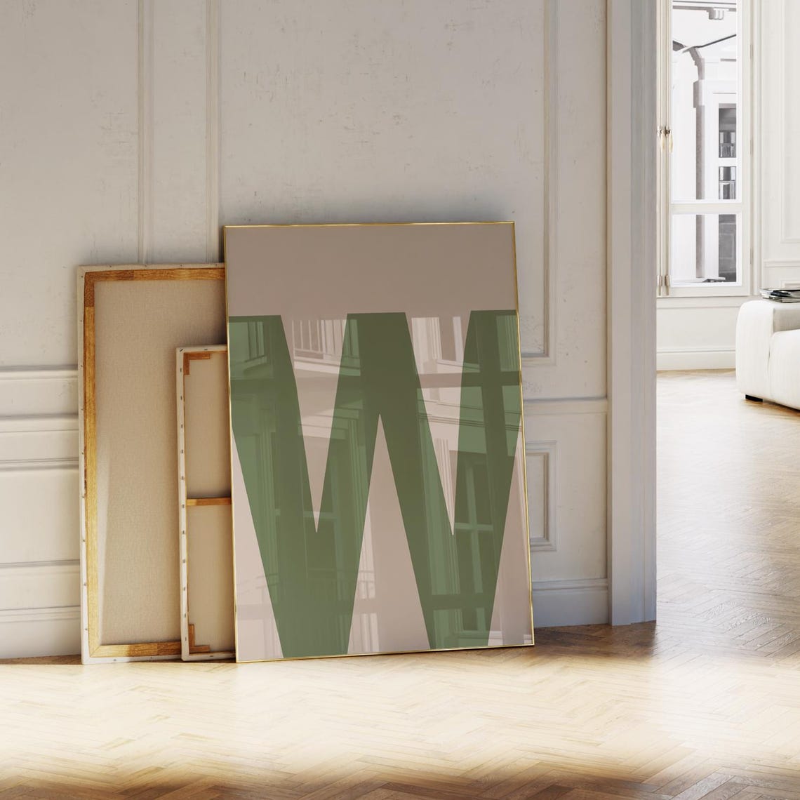 Oversized Sage Green Letter W Monogram Beige Modern Wall Art