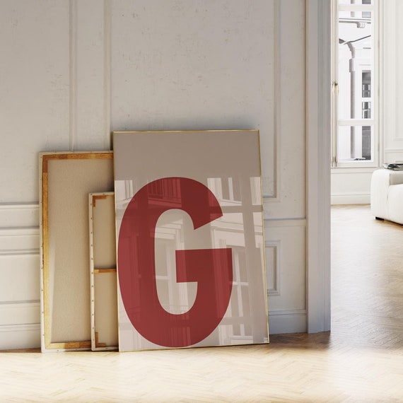 Letter G Print Redbeige Initial Wall Art Bold Alphabet Poster For Nurserykidsdormcollegeofficebedroomliving Room