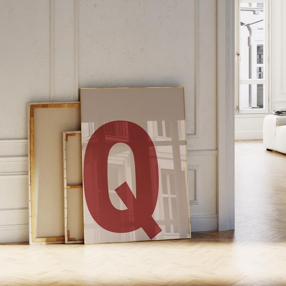 Letter Q Print Redbeige Initial Wall Art Bold Alphabet Poster For Nurserykidsdormcollegeofficebedroomliving Room