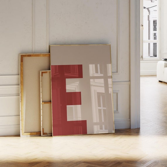 Letter E Print Redbeige Initial Wall Art Bold Alphabet Poster For Nurserykidsdormcollegeofficebedroomliving Room