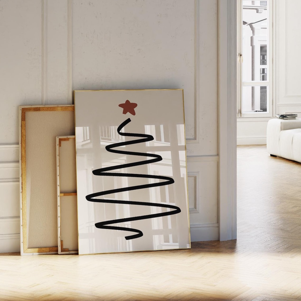 Minimalist Abstract Christmas Tree Black Line Red Star Holiday Poster