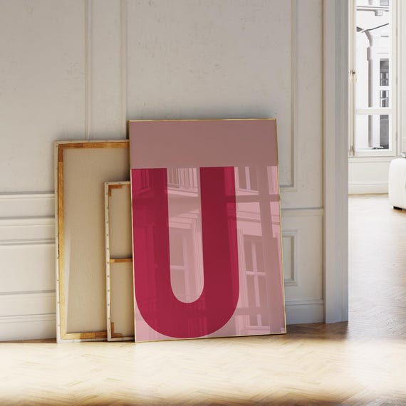 Pink Initial U Print Big Letter Sign For Girls Minimalist Alphabet Wall Art