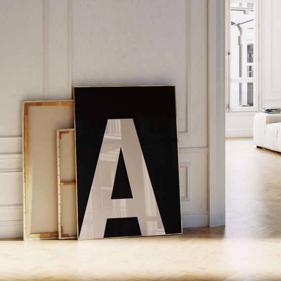 Personalized Initial Print Beige Black Minimalist Custom Letter Poster Bold Big Alphabet Art