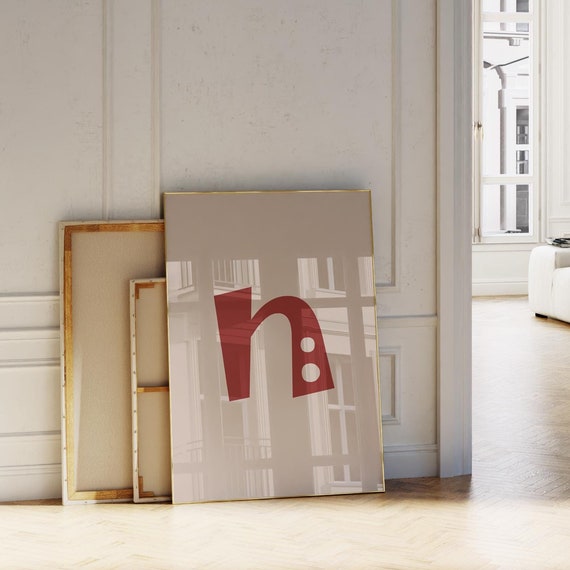 Funny Letter N Print Redbeige Initial Wall Art Alphabet Poster For Kidsdormcollage Room