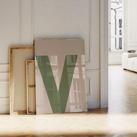 Oversized Sage Green Letter V Monogram Beige Modern Wall Art